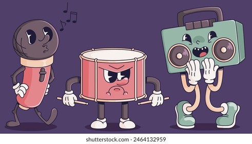 Retro music characters set isolated on background. Contemporary vector illustration of scared vintage tape recorder, angry drum mascot, microphone signing song with eyes, legs, hands, 90s style design