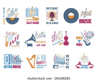 Retro music classical jazz and rock flat emblems set isolated vector illustration 