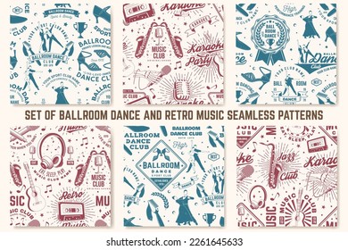 Club de música retro y club deportivo de baile de salón de baile. Antecedentes con zapatos para bailar en salón de baile, hombre, mujer, micrófono retro, saxofón, audio cassette, guitarra acústica clásica