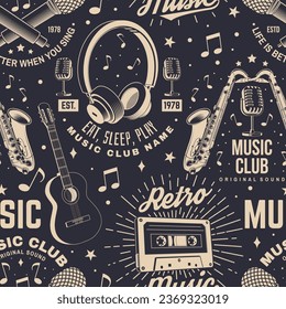 Retro music club seamless pattern. Background with retro microphone, saxophone, audio cassette, classical acoustic guitar, headphones with sunburst. Concept for background or wallpaper. Vector