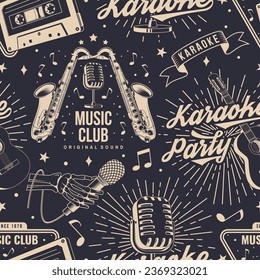 Retro music club seamless pattern. Background with retro microphone, saxophone, audio cassette, classical acoustic guitar, headphones with sunburst. Concept for background or wallpaper. Vector