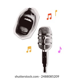 Retro music collage with simple composition of stage microphone and yelling lips in halftone. Vector torn out paper stickers.