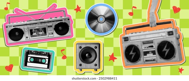 retro music collection set with vintage boombox shiny compact disc cassette tape speaker hand holding recorder on green checkered background halftone collage cut-out elements retro technology poster