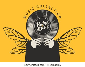 Retro music collection. Vinyl record in the hands of a person with insect wings. Creative vector illustration in flat style, suitable for poster, flyer, cover, invitation, playbill, advertising banner