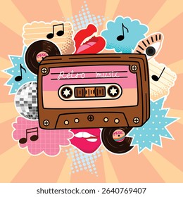 Retro music compact cassette tape poster. Vintage vector design with vinyl record, footnotes with musical notations, lips, eye, disco ball. Blue, pink, red, beige colors. Pop art style illustration.