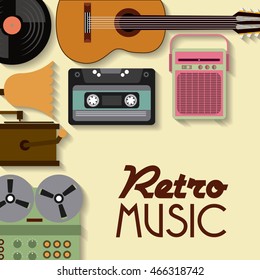 Retro and Music concept represented by cassette vinyl guitar radio gramaphone icon. Colorfull and vintage illustration. 