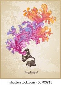 retro music concept with vintage phonograph and colorful handdrawn swirls