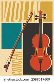 Retro Music Concert Poster, Violin and Fiddlestick, Vintage Color Background, Aged Paper Texture