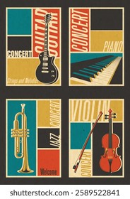 Retro Music Concert Posters, Electric Guitar, Piano Keyboard, Trumpet, Violin and Fiddlestick. Vintage Color Backgrounds, Aged Paper Texture