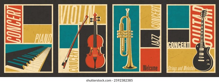 Retro Music Concert Posters, Electric Guitar, Piano Keyboard, Trumpet, Violin and Fiddlestick. Vintage Color Backgrounds, Aged Paper Texture