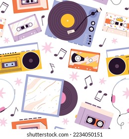 Retro music devices background. Audio cassette, vinyl and record 80s 90s style. Player and headphones, analogue disco sound. Racy vector seamless pattern