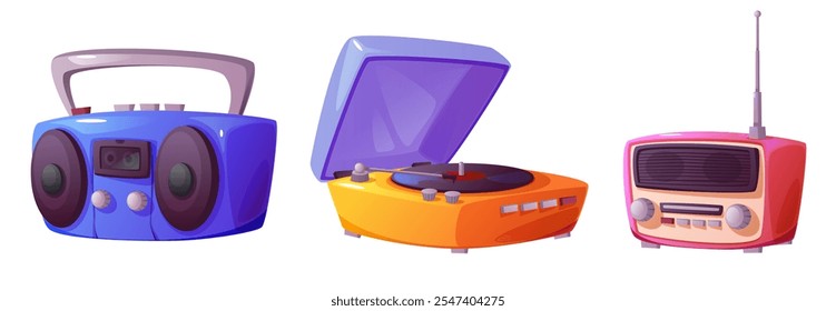 Retro music devices - blue boombox with cassette player, orange vinyl record turntable, pink portable radio receiver. Vintage audio equipment collection with analog sound. Classic entertainment gadget