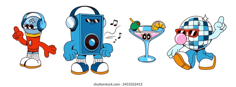 Conjunto de personajes de dibujos animados de música retro y fiesta disco. Ilustración vectorial de la linda mascota cómica vintage groovy de micrófono y altavoz, bola de discoteca y cóctel en vidrio. Personaje de sonrisa.