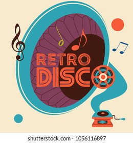Retro music. Retro disco. Vector illustration with vintage gramophone.