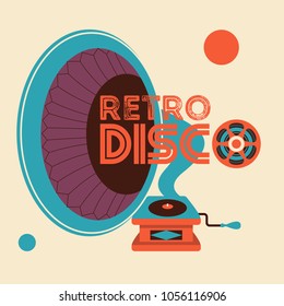 Retro music. Retro disco. Vector illustration with vintage gramophone.