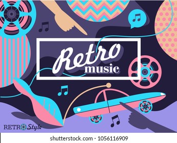 Retro music. Retro disco. Vector illustration. Abstract background with old retro car.