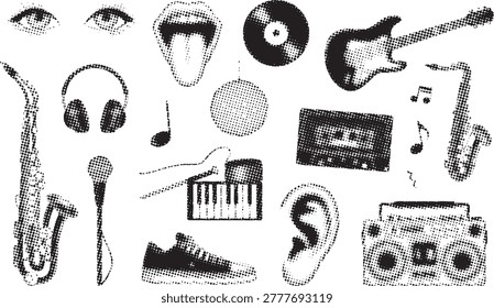 Retro music elements in halftone dot pattern. Includes instruments, headphones, boombox, cassette, vinyl, disco ball.