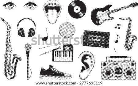 Retro music elements in halftone dot pattern. Includes instruments, headphones, boombox, cassette, vinyl, disco ball.