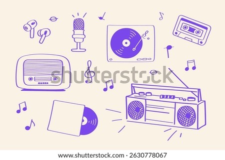 Retro Music Elements Set – Cassette, Boombox, Turntable, Microphone, Vinyl Icons. Hand-drawn retro music elements including cassette tapes, boombox, vinyl player, and microphone icons.