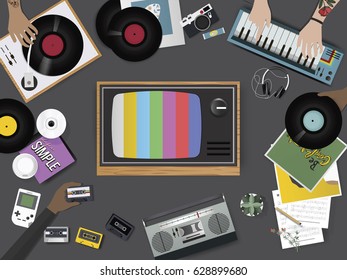 Retro Music Entertainment Media Mixed Icon Illustration Vector
