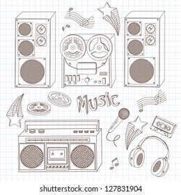 Retro music equipment. A collection of stylish vector images of old tape recorders. Hand drawn illustration.