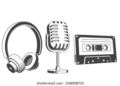 Retro music equipment Icons. Set include classical audio cassette tape, headphones, microphone. For t shirt, emblem, logo, badge design. Vector illustration. Equipment for listening and recording