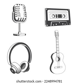 Retro music equipment Icons. Set include classical acoustic guitar, headphones, microphone, classical audio cassette tape. For t shirt, emblem, logo, badge design. Vector illustration. Equipment for