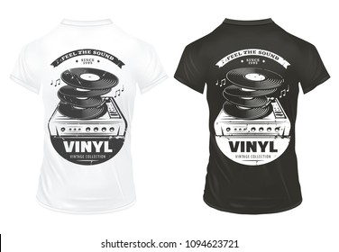 Retro music equipment prints on shirts with inscriptions vinyl records and turntable in vintage style isolated vector illustration