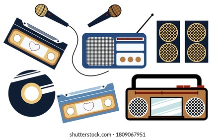 ilustraciones de los vectores de discos y altavoces, redio, micrófono, disco y altavoces