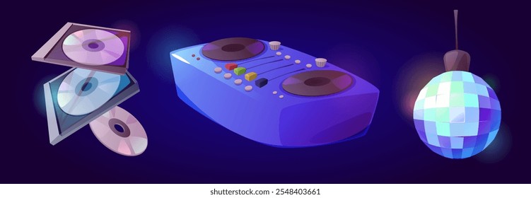 Retro-Musikausrüstung auf violettem Hintergrund mit CDs, DJ-Controller-Mixer mit Knöpfen und Tasten, glühender Spiegel-Disco-Ball. Cartoon Vektor Nachtclub und Party Werbeelemente.