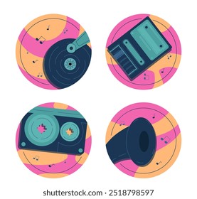 Conjunto de pegatinas de equipos de música retro. Disco y disco de vinilo, grabadora de cinta de casete. Grabadora musical y gramófono. Dispositivos para los amantes de la música. Colección plana del Vector aislada en el fondo blanco