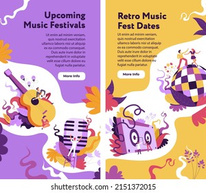 Retro music fest dates, upcoming festivals information for visitors. People playing songs on guitar, listening on loudspeakers and dancing by disco ball. Website or landing page, vector in flat