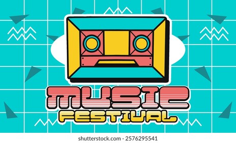 Retro music festival banner design template. Event poster 90s style for digital promotion and backdrop. Digital advertisement design. Music fest flyer, ads, layout, wallpaper. Colorful banner design