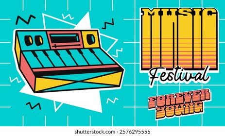 Retro music festival banner design template. Event poster 90s style for digital promotion and backdrop. Digital advertisement design. Music fest flyer, ads, layout, wallpaper. Colorful banner design