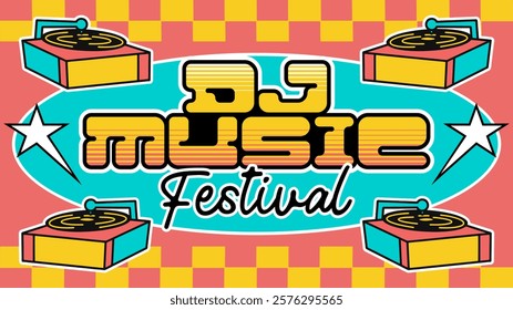 Retro music festival banner design template. Event poster 90s style for digital promotion and backdrop. Digital advertisement design. Music fest flyer, ads, layout, wallpaper. Colorful banner design