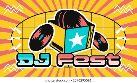 Retro music festival banner design template. Event poster 90s style for digital promotion and backdrop. Digital advertisement design. Music fest flyer, ads, layout, wallpaper. Colorful banner design