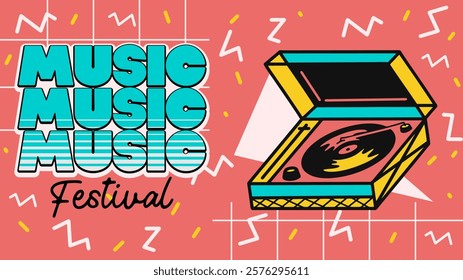 Retro music festival banner design template. Event poster 90s style for digital promotion and backdrop. Digital advertisement design. Music fest flyer, ads, layout, wallpaper. Colorful banner design