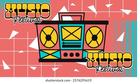 Retro music festival banner design template. Event poster 90s style for digital promotion and backdrop. Digital advertisement design. Music fest flyer, ads, layout, wallpaper. Colorful banner design