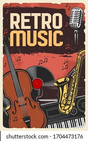 Retro music festival, jazz night or folk festival, vector vintage poster. Retro music band instruments, vinyl record player, synthesizer and orchestra violin, saxophone and singer microphone