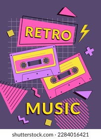 Retro music festival poster with cassette and geometric elements. 90s party. Memphis style. Vector background illustration