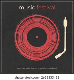 Retro music festival poster design with vinyl record player silhouette on black background. Music festival template with vinyl record. Vector illustration