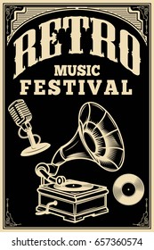 Retro music festival poster template. Vintage microphone, old style gramophone on dark background. Vector illustration