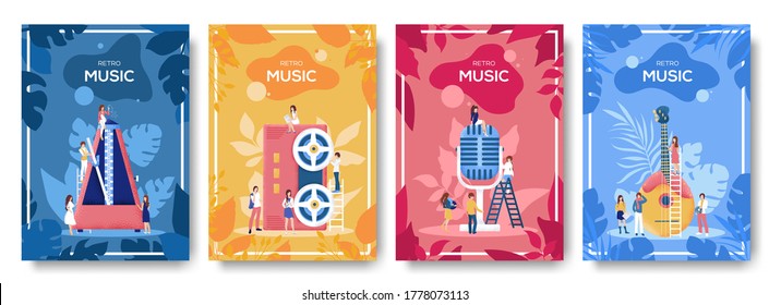 Retro music flyer, magazines, poster, book cover, banners.Layout illustration modern slider page. Grain texture and noise effect. People character with items around retro equipment concept background.