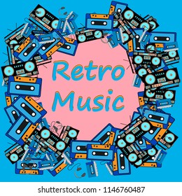 A retro music frame made from an old hipster retro technique music audio player with headphones, an audio tape recorder and an 80's 90's audio cassette and copy space. The background.