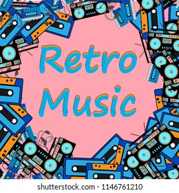 A retro music frame made from an old hipster retro technique music audio player with headphones, an audio tape recorder and an 80's 90's audio cassette and copy space. The background.