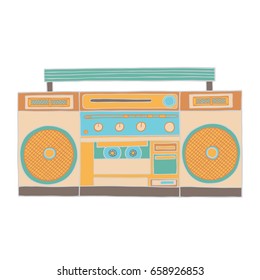 Retro music gadget of 90s. Old musical device . Tape stereo system, audio cassette player. Vector illustration in blue and yellow colors