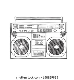 Retro music gadget of 90s. Old musical device vector illustration. Tape stereo system, audio cassette player.