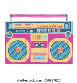 Retro music gadget  in pink, yellow and blue colors. Old musical device vector illustration. Tape stereo system, audio cassette player.