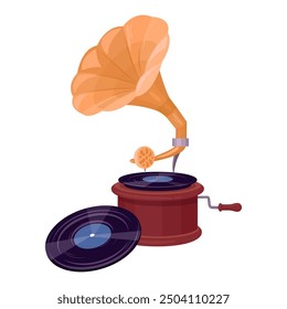 Retro music gramophone. Nostalgic device for listening music, antique gramophone player flat vector illustration. Vintage gramophone on white