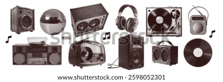Retro music halftone collage set with vintage vinyl record, radio, various speakers, headphones on transparent background dotted collage zine elements. Isolated vector elements